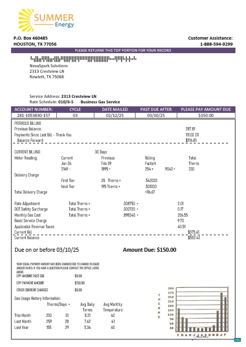 USA Texas Summer Energy easy fillable business utility bill template in Word and PDF formats